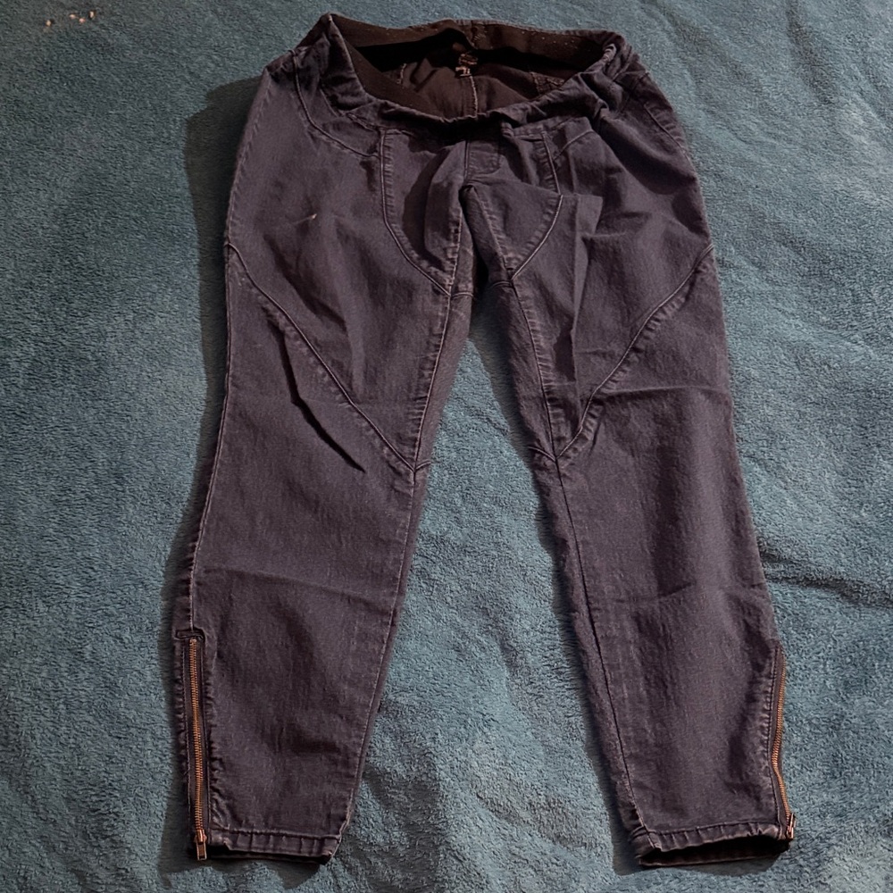 Dark Blue Motorcycle Style Skinny Maternity Jeans with Ankle Zippers